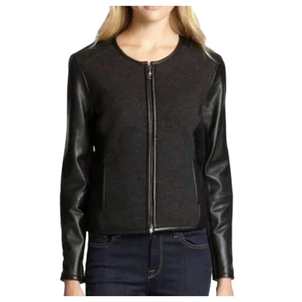 Eileen Fisher Wool Jacket Leather Sleeves Black Sz S Petite